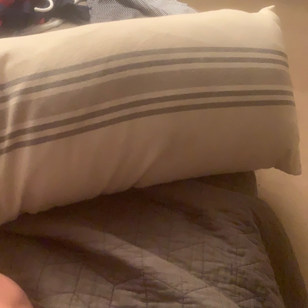 Long lumbar ticking striped pillow. Gray blue and cream.